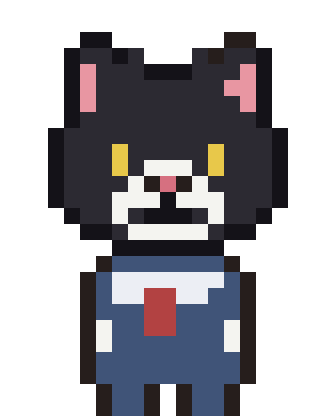 Pixel-art portrait of the Chief Executive Cat, a black-and-white tuxedo cat in a navy suit and red tie
